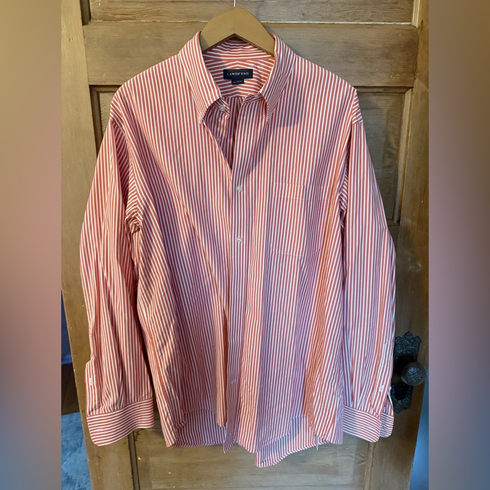 Lands' End Men's Orange and White Striped Button Down Shirt